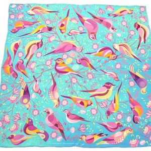 100% silk square scarf turquoise teal floral wrap"Birds"